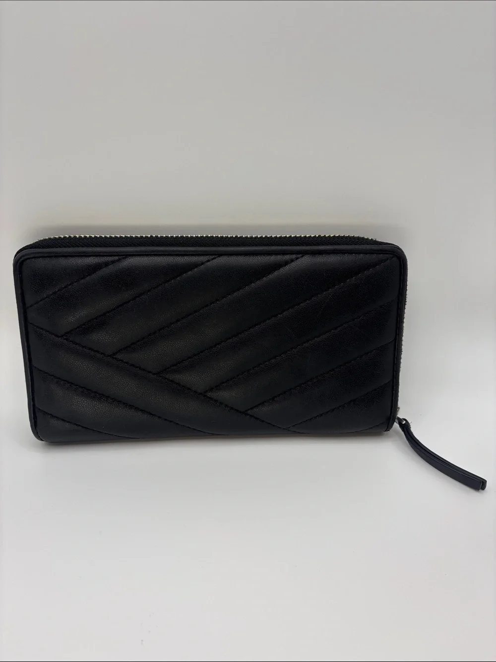 Tory Burch Black Quilted Zip Wallet with Silver Logo